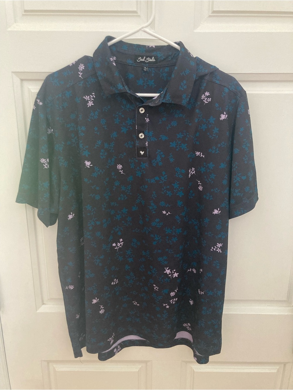 Bad Birdie Navy Polo with Teal and Light Pink Floral Motif
